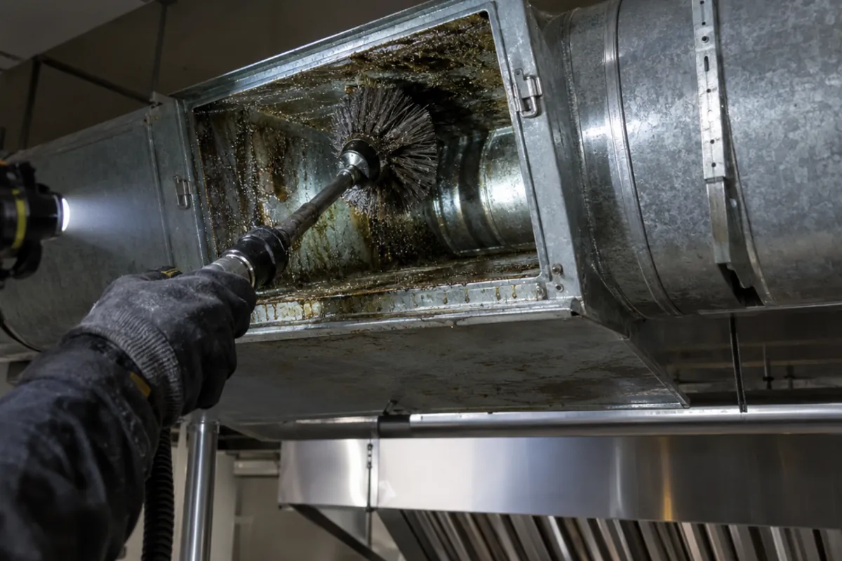 Technicien ramonant un conduit d'extraction de cuisine professionnelle par sa trappe de visite
